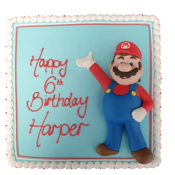 A colourful and vibrant Super Mario themed cake featuring iconic characters and elements from the popular video game series. Perfect for any gaming enthusiast's celebration.