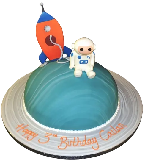 Bespoke rocket and spaceman cake on a planet design, crafted for celebration in Solihull, West Midlands.
