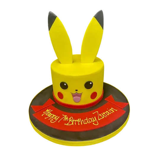 Bespoke Pikachu head cake with yellow fondant and black-tipped ears, crafted for a celebration in Solihull, West Midlands.