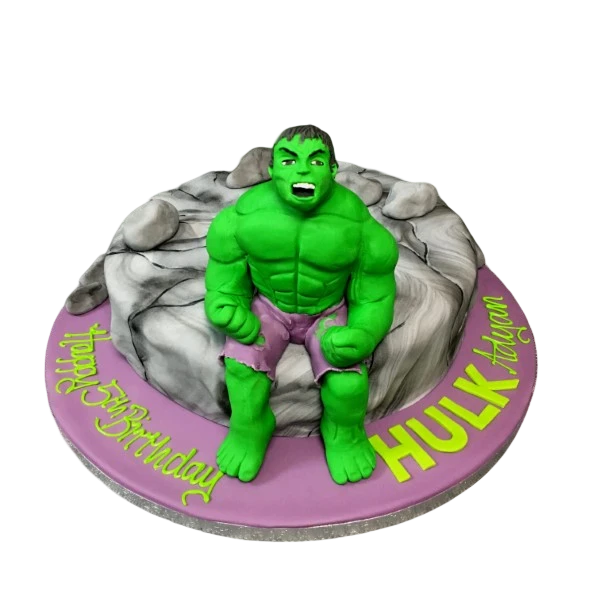 Bespoke Hulk-themed cake with green fondant muscles and purple shorts, crafted for celebration in Solihull, West Midlands.