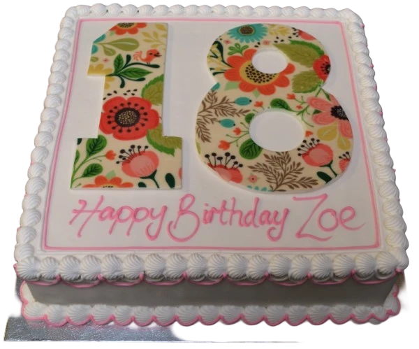 Bespoke square cake with printed number 18 design, perfect for celebration in Solihull, West Midlands.