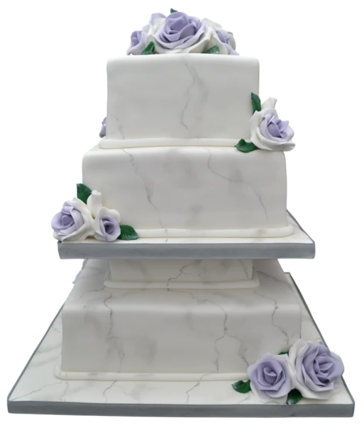 Three-tiered marble wedding cake with lavender sugar paste roses.