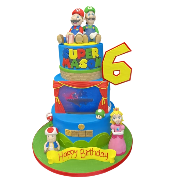 Colorful Super Mario themed cake with fondant decorations depicting characters, obstacles, and icons from the popular video game. Perfect for gaming fans!