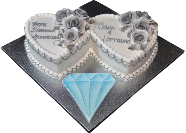Bespoke double heart cake adorned with diamond accents, crafted in Solihull, West Midlands for celebration events.
