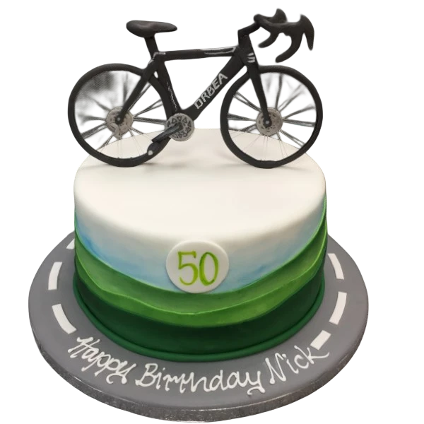 Bespoke cake featuring a detailed Cycle Mount DD design with vibrant colors, crafted in Solihull, West Midlands.