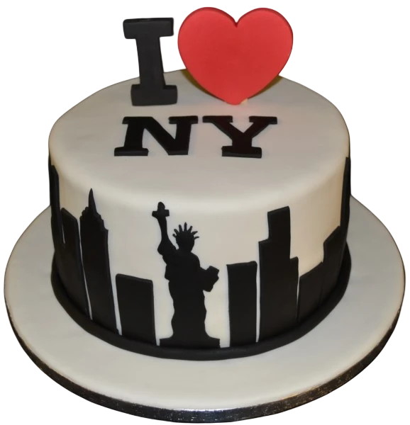 Bespoke cake featuring a detailed New York skyline silhouette, perfect for celebration in Solihull, West Midlands.