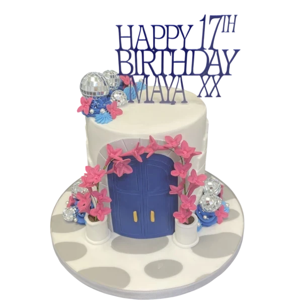 Bespoke Mamma Mia ABBA-themed celebration cake with mirror balls, decorated in Solihull, West Midlands.