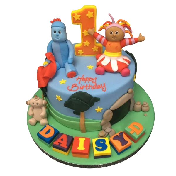 Bespoke IN THE NIGHT GARDEN themed cake with colorful character toppers, crafted in Solihull, West Midlands.