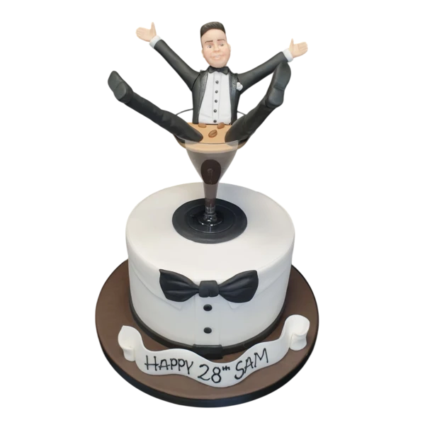 Bespoke Espresso Sam cake with cocktail glass and martini decoration, crafted in Solihull, West Midlands celebration.