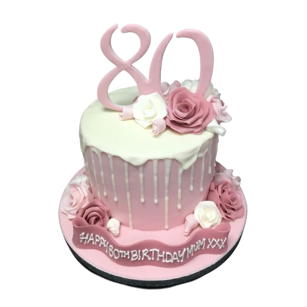 Stunning drip cake adorned with beautiful roses, perfect for celebrations.
