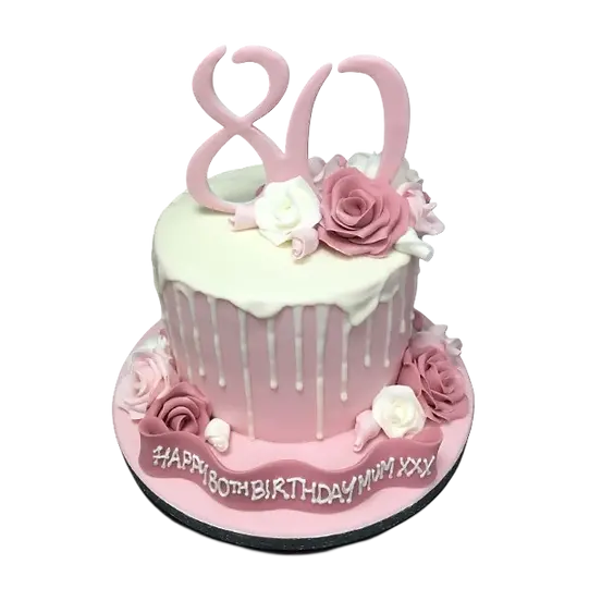 Bespoke drip cake adorned with pink roses, perfect for celebration in Solihull, West Midlands.