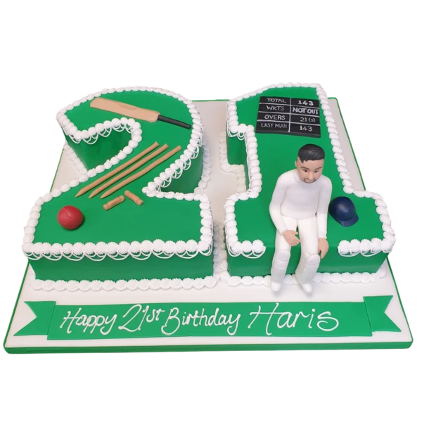 Bespoke cricket-themed cake shaped as the number 7 with green and white icing in Solihull, West Midlands.