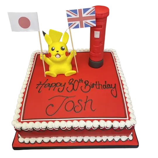 Bespoke Pikachu and red post box celebration cake with Japan and UK theme in Solihull, West Midlands.