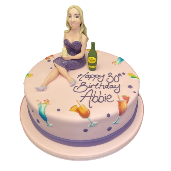 Bespoke Cocktail Girl cake with vibrant fondant decorations and cocktail-themed toppers in Solihull, West Midlands.
