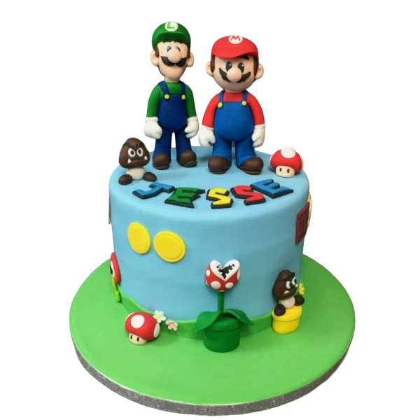 A colourful and fun Mario and Luigi themed cake, perfect for a themed party or celebration. Handcrafted with intricate details of the iconic characters.