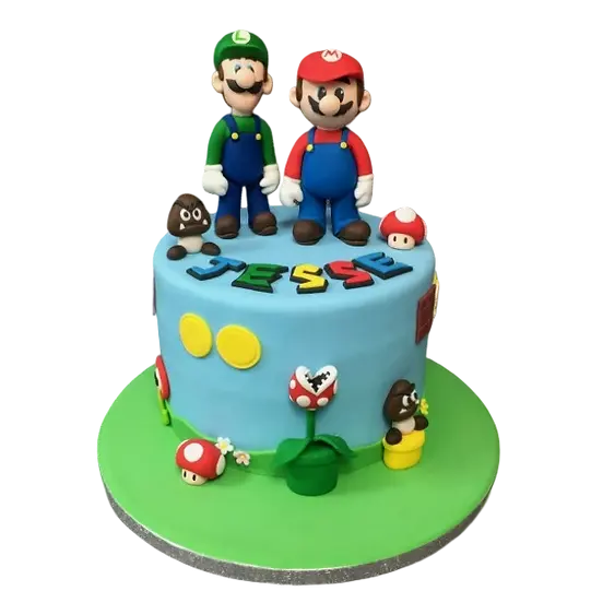 Bespoke celebration cake featuring Mario and Luigi figures, decorated with vibrant colors in Solihull, West Midlands.