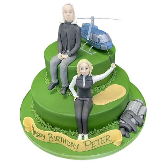Bespoke cake featuring a detailed helicopter landing on a golf course, crafted in Solihull, West Midlands.