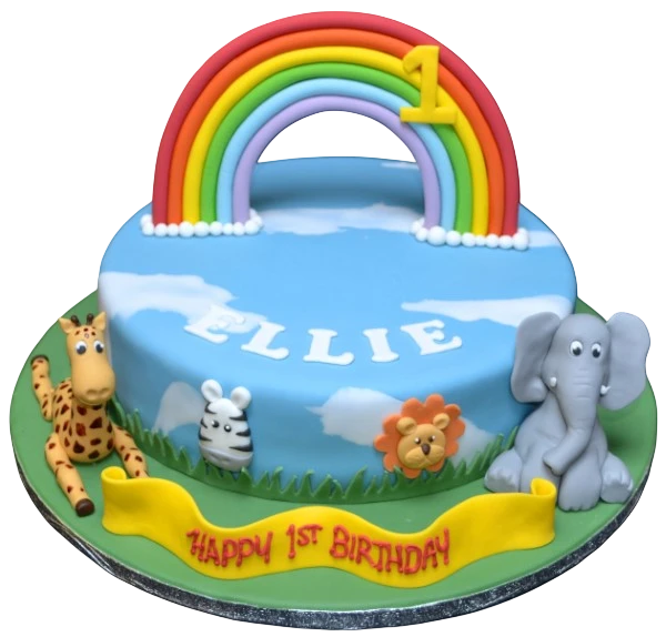 A vibrant and whimsical animal-themed rainbow cake perfect for birthdays and special occasions in UK English.
