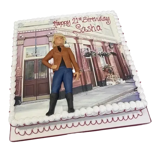 Bespoke Eastenders-themed cake featuring Queen Vic and Lady figures, crafted in Solihull, West Midlands for celebration.