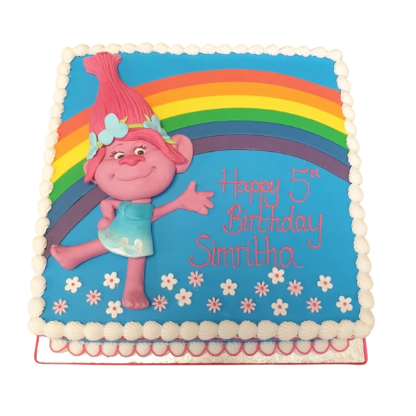 Bespoke celebration cake featuring vibrant poppy flowers and colorful Trolls characters in Solihull, West Midlands.