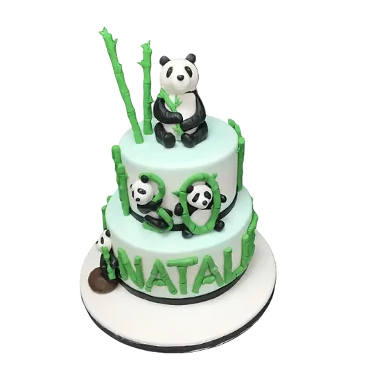 Bespoke panda-shaped cake with detailed black and white fondant, perfect for celebration in Solihull, West Midlands.