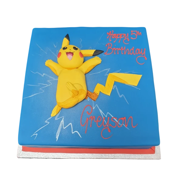 Bespoke Pikachu cake with bright yellow icing and detailed facial features, crafted in Solihull, West Midlands.