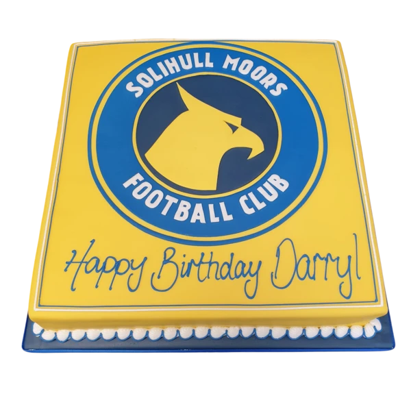 Bespoke cake featuring the Solihull Moors badge with detailed team colors and emblem, Solihull, West Midlands.