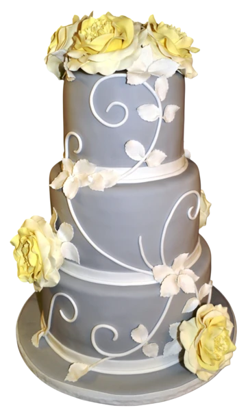 Three-tier grey wedding cake with white vines and yellow roses.