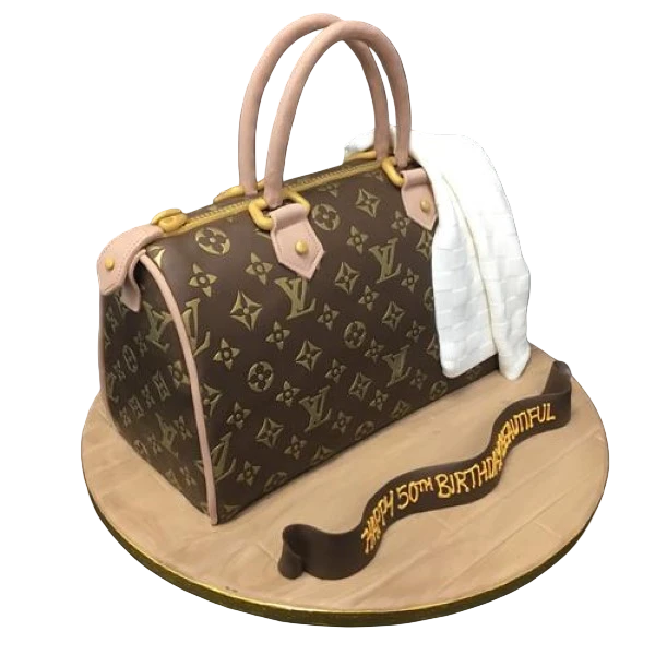 A luxurious and stylish cake inspired by Louis Vuitton's iconic handbag design, featuring a 3D printed pattern for a fashionable and unique dessert.