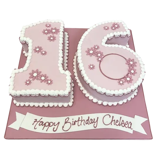 Bespoke number 16 cake decorated with white daisies, crafted for a celebration in Solihull, West Midlands.