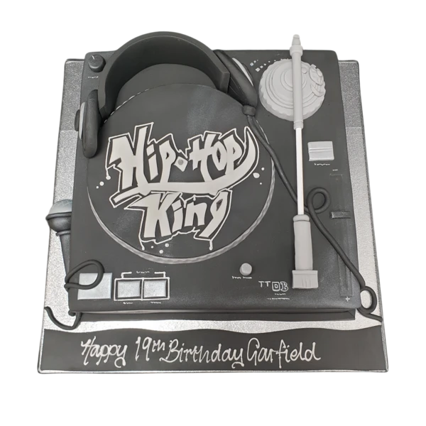 Bespoke Hip Hop King cake with a detailed mixing desk design, crafted in Solihull, West Midlands for celebration.