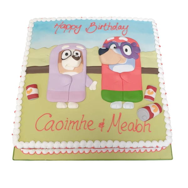Bespoke Bluey and Bingo celebration cake with colorful fondant figures, crafted in Solihull, West Midlands.