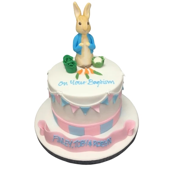 Bespoke Peter Rabbit cake with detailed fondant figures and garden decorations, crafted in Solihull, West Midlands.