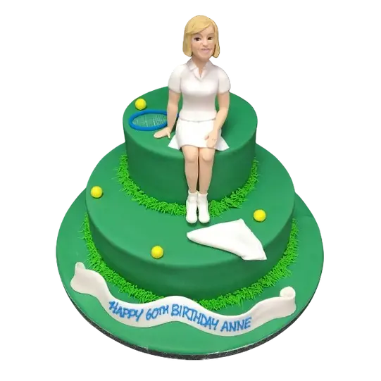 Bespoke tennis-themed cake with edible racket and ball decorations, crafted in Solihull, West Midlands.
