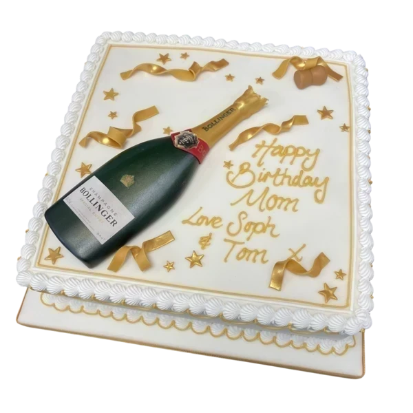 Luxurious and elegant champagne bottle-shaped cake, perfect for celebrating special occasions in style. Handcrafted with attention to detail.