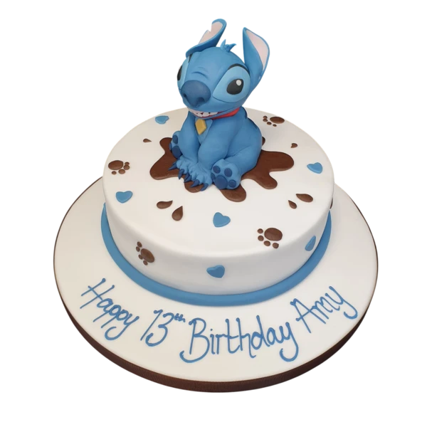 Bespoke Stitch character cake with vibrant blue and purple icing, crafted for celebration in Solihull, West Midlands.