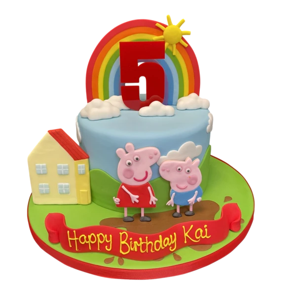 Adorable Peppa Pig and George themed cake featuring a vibrant rainbow decoration. Perfect for a fun and colorful celebration.