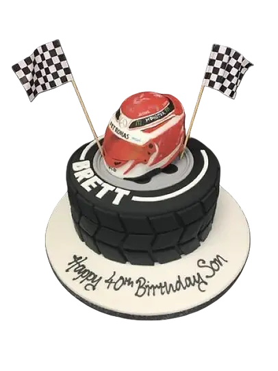 Bespoke cake shaped like Lewis Hamilton's racing helmet with detailed colors, made in Solihull, West Midlands.