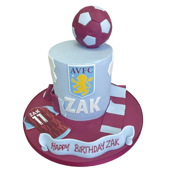 Bespoke AVFC football-themed cake with Aston Villa crest, purple and claret colors, Solihull, West Midlands.