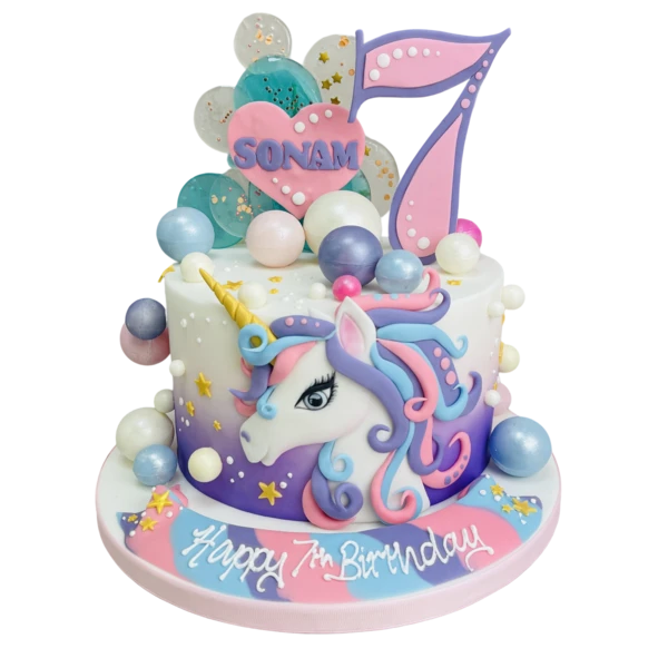 Colorful and whimsical unicorn-themed cake with pastel icing, sugar horn, and edible flowers, perfect for birthday celebrations and special occasions.