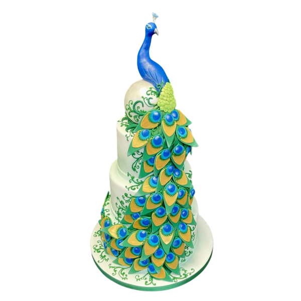 Three-tier wedding cake with peacock design, vibrant blues and greens, sugar paste details.