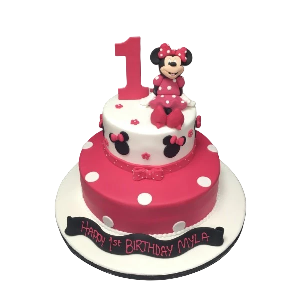 Adorable Minnie Mouse themed cake with playful design featuring the iconic character in two cute poses. Perfect for Disney lovers and themed parties.