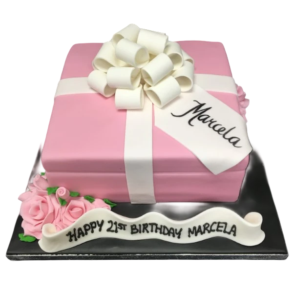 A luxurious cake in a parcel design, perfect for special occasions and celebrations. The cake is elegantly decorated with intricate details and lavish embellishments.
