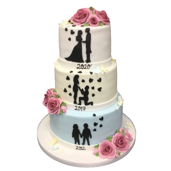 Three-tier wedding cake with sugar paste silhouettes and pink roses.