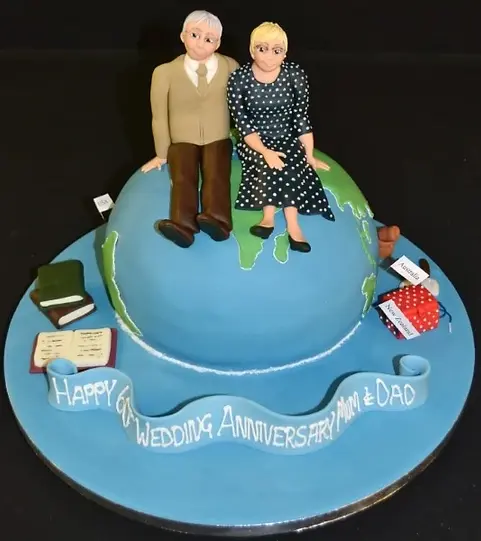 Bespoke celebration cake featuring a couple figurine atop a detailed globe, crafted in Solihull, West Midlands.