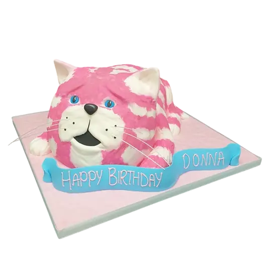 Bespoke Bag Puss cake with pink stripes and sleepy cat face, crafted in Solihull, West Midlands for celebration.