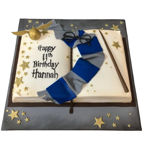 A magical Harry Potter book inspired cake with intricate detailing and vibrant colours, perfect for any wizarding world themed celebration in UK.