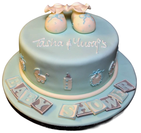 Bespoke baby booties and motifs cake with pastel decorations, crafted for celebration in Solihull, West Midlands.