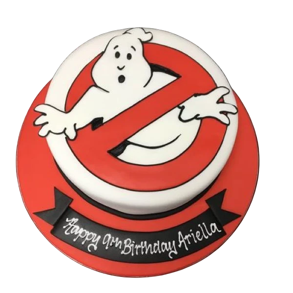 Bespoke Ghostbusters logo cake with vibrant red and white icing, crafted for celebration in Solihull, West Midlands.
