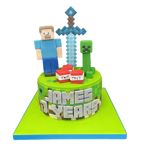 A beautifully crafted Minecraft-themed cake with pixelated design and intricate details perfect for any gaming enthusiast's celebration.